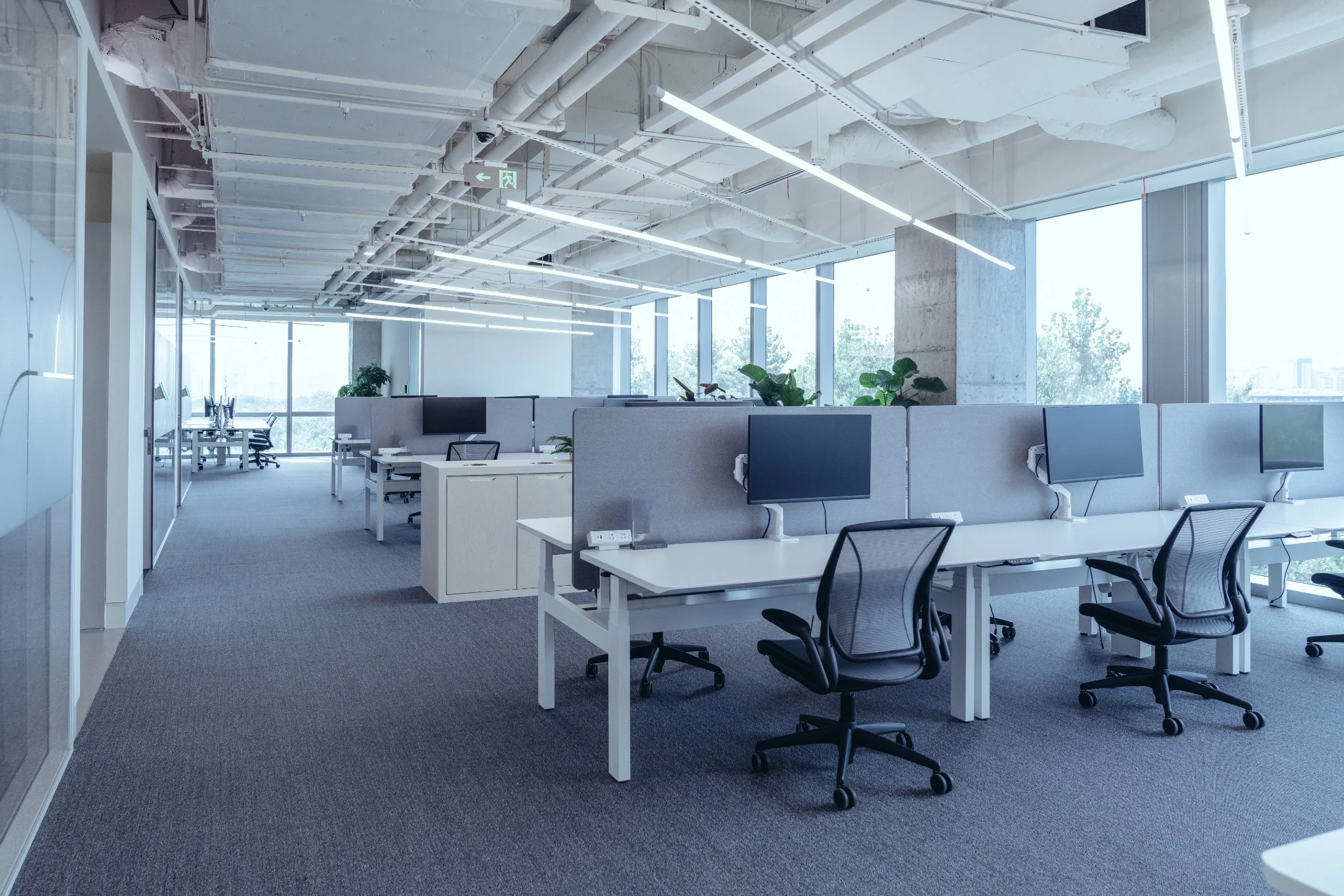 Bright organized commercial office interior with modern workstations