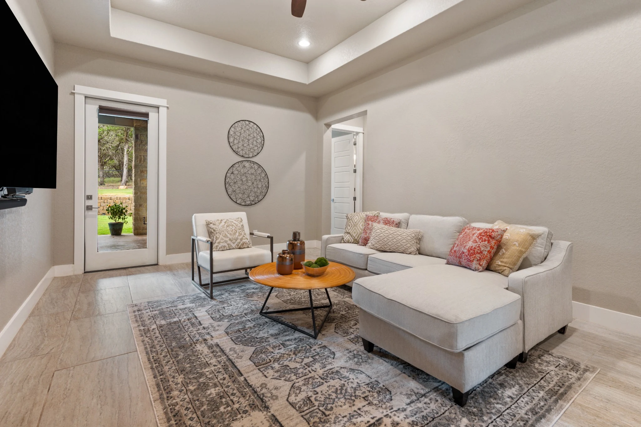 Bright residential living room with sofa and coffee table